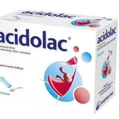 Opakowanie Acidolac, suplementu diety dla niemowląt, dzieci i dorosłych, zawiera 10 saszetek z liofilizatem.