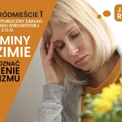 Kobieta z ręką na czole, obok napisu "Witaminy po zimie".