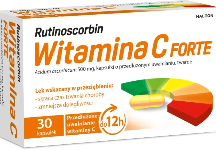 Opakowanie Rutinoscorbin Witamina C Forte, 30 kapsułek o przedłużonym uwalnianiu. Informacja o dawkowaniu i wskazaniach przy przeziębieniu.