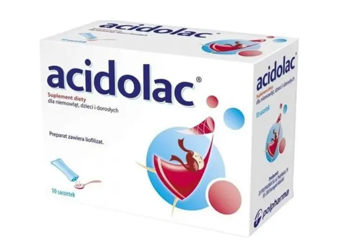 Opakowanie Acidolac, suplementu diety dla niemowląt, dzieci i dorosłych, zawiera 10 saszetek z liofilizatem.