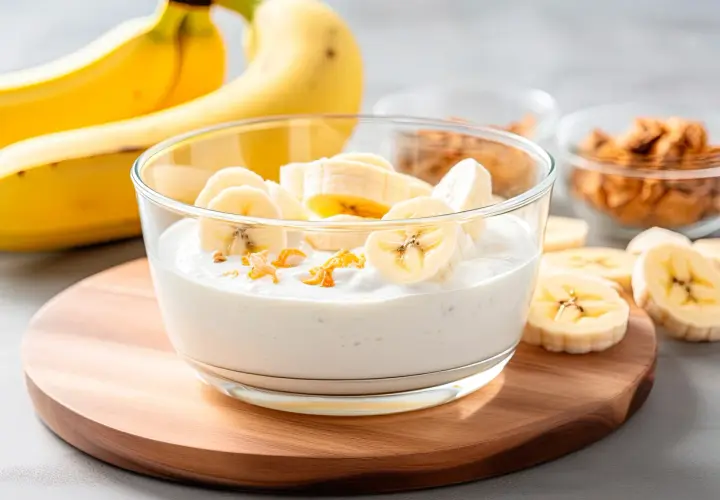 Bananowy jogurt z plasterkami banana i suszonymi owocami. Idealny na białą dietę.