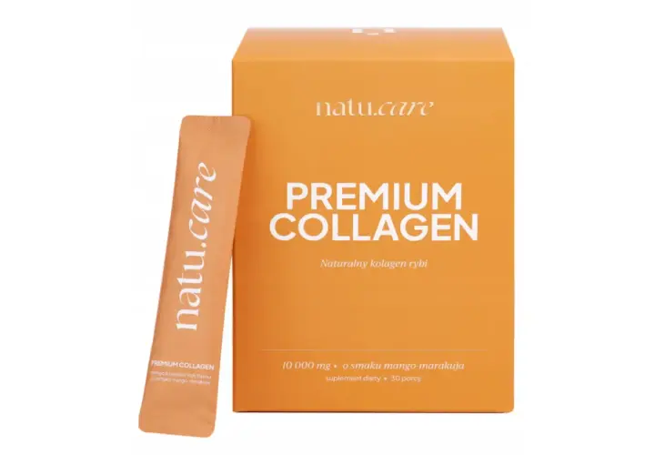 Opakowanie i saszetka z napisem "PREMIUM COLLAGEN". Naturalny kolagen rybi o smaku mango-marakui.