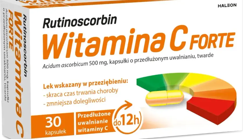 Opakowanie Rutinoscorbin Witamina C Forte, 30 kapsułek o przedłużonym uwalnianiu. Informacja o dawkowaniu i wskazaniach przy przeziębieniu.