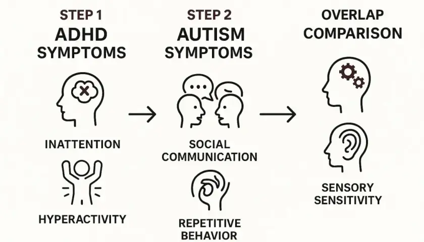 Porównanie objawów ADHD u dorosłych i autyzmu: nieuwaga, nadpobudliwość, komunikacja społeczna, powtarzalne zachowania, nadwrażliwość sensoryczna.