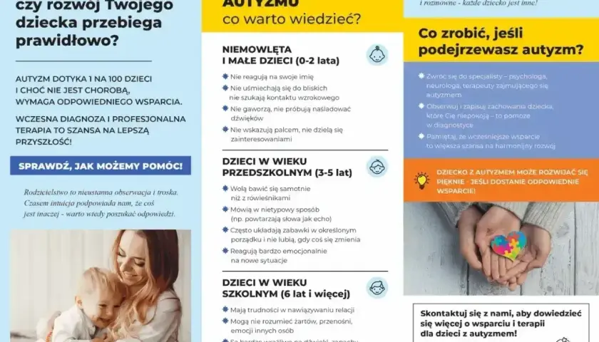Objawy choroby Aspergera u dorosłych mogą być subtelne. Ulotka opisuje sygnały autyzmu u dzieci, podkreślając potrzebę wczesnego wsparcia.
