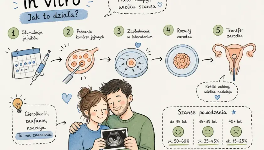 Ilustracja przedstawia etapy in vitro: stymulację jajników, pobranie komórek, zapłodnienie, rozwój zarodka i transfer. Para trzyma zdjęcie USG, symbolizując nadzieję.