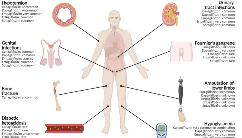 Ilustracja przedstawia możliwe forxiga skutki uboczne, takie jak infekcje dróg moczowych, złamania kości, hipotensja i amputacje kończyn.
