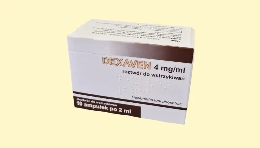 Opakowanie leku Dexaven 4 mg/ml, roztwór do wstrzykiwań. Stosowany w leczeniu stanów zapalnych i alergicznych.