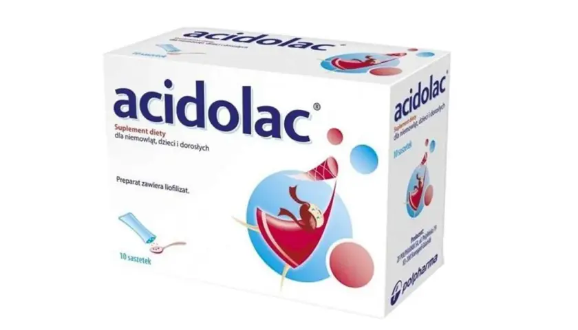 Opakowanie Acidolac, suplementu diety dla niemowląt, dzieci i dorosłych, zawiera 10 saszetek z liofilizatem.