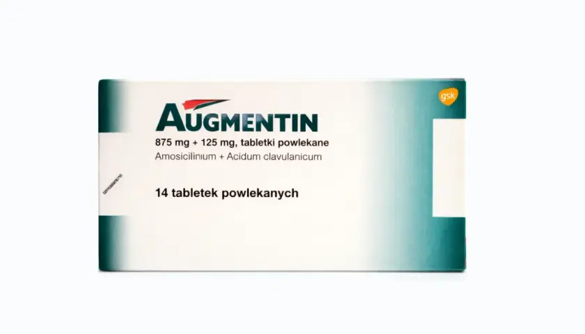 Opakowanie leku Augmentin 875 mg + 125 mg, 14 tabletek powlekanych. Przed użyciem zapoznaj się z ulotką informującą o **augmentin dawkowanie**.