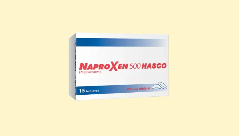 Opakowanie leku Naproxen 500 Hasco, zawierające 15 tabletek po 500 mg.