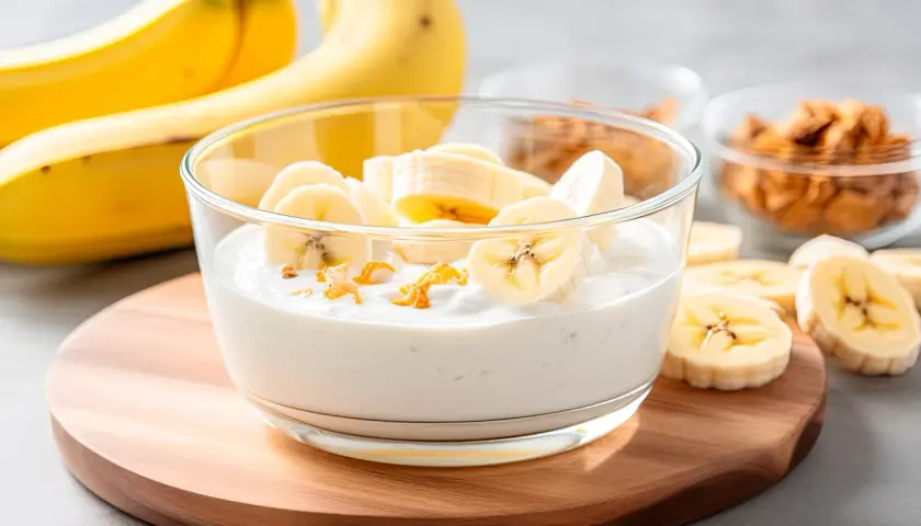 Bananowy jogurt z plasterkami banana i suszonymi owocami. Idealny na białą dietę.