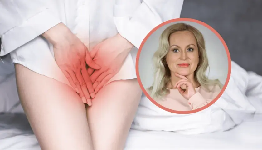 Kobieta z rękami na podbrzuszu, gdzie widoczne jest zaczerwienienie, sugerujące ból lub dyskomfort. Obok jej twarz, która może symbolizować troskę o zdrowie i poszukiwanie informacji o rzeżączka objawy.
