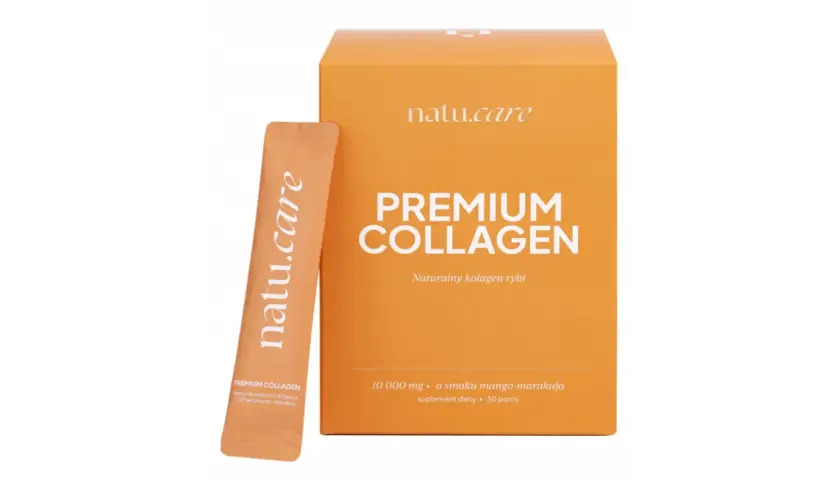 Opakowanie i saszetka z napisem "PREMIUM COLLAGEN". Naturalny kolagen rybi o smaku mango-marakui.