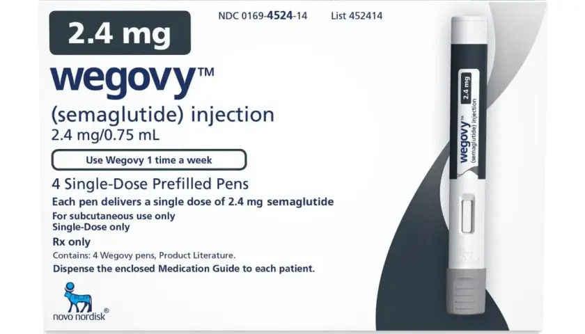 Opakowanie Wegovy 2,4 mg z 4 wstrzykiwaczami. Przed użyciem zapoznaj się z ulotką, by poznać potencjalne wegovy skutki uboczne.